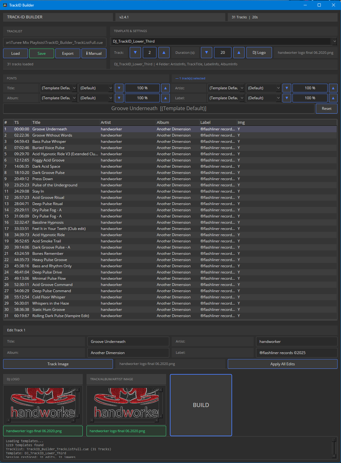 TrackID Builder interface — tracklist, template, batch styling
